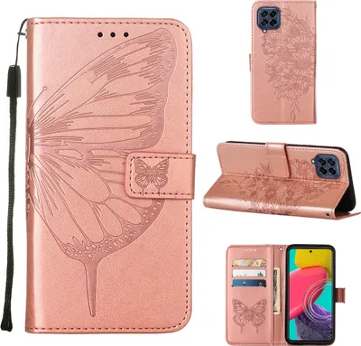 Produktbild von Galaxy M53 5G Hülle, Schmetterling Prägung Flip Leder Kartenfächer Schutzhülle Ledertasche mit Ständer für Samsung Galaxy M53 5G Roségold