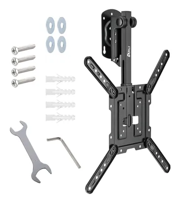 A TV ceiling mount and its accessories are displayed against a white background.