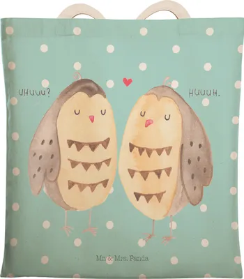 Produktbild von Mr. & Mrs. Panda Stofftragetasche Eulen Liebe - Türkis Pastell - Geschenk, Pärchen, Owl, Spruch, Beutel, Beuteltasche, Eule, Tasche, Tote Bag, Tragetasche, shopping