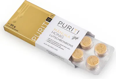 Produktbild von PURITI Manuka Honig Bonbons MGO 400+ aus Neuseeland mit 92% Manuka Honig, ohne Zuckerzusatz, keine künstlichen Zusätze, 8 Lutschbonbons, 20g