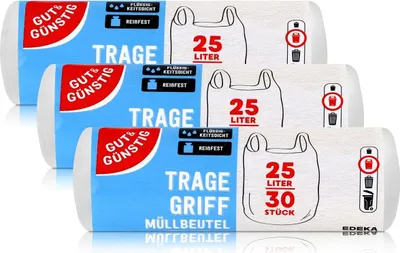 Produktbild von Gut & Günstig Tragegriff Müllbeutel 25L (30 Stück) - 3er Pack (3 x 30 Stück) reißfest und flüssigkeitsdicht