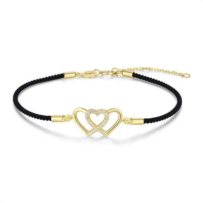 Produktbild von New Bling 9NB-1708 – Silbernes Makramee-Armband in Schwarz – Herzchen – Goldfarben/Schwarz – 925er Silber – Verstellbar 16+2 cm