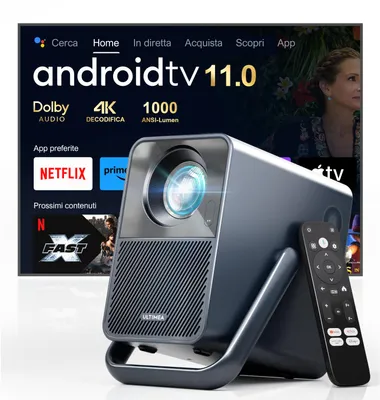 Immagine prodotto di Proiettore ULTIMEA Android TV 11.0 con NETFLIX, supporto per proiettore home cinema 4K 1000 ANSI lumen, Dolby Audio, design con maniglia per il trasporto, serie Poseidon E40 Smart
