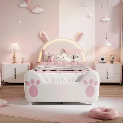 Produktbild von Kinderbett 90x200 Mädchen Polsterbett mit LED Hasen-Kopfteil Rosa Samt Lattenrost