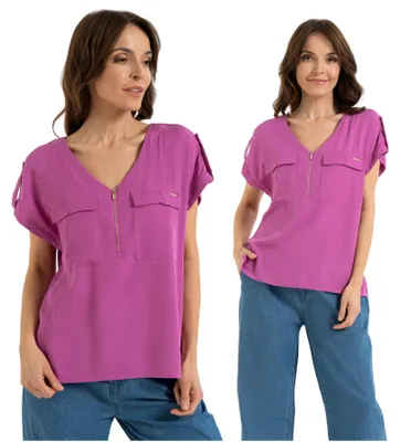 Produktbild von Moraj - Bluse Größe XXL - Damenbluse Rosa - Viskosebluse fur Damen - Kurzarmbluse V-Ausschnitt