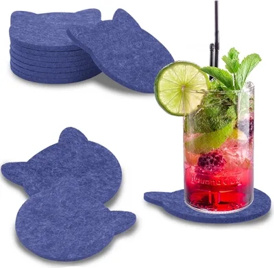 Produktbild von wortek Filz Untersetzer - Deko Tischset I Filzdeckel für Getränke, Tassen, Bar & Tisch, 8er Set I 10cm I Dunkelblau Katzenform