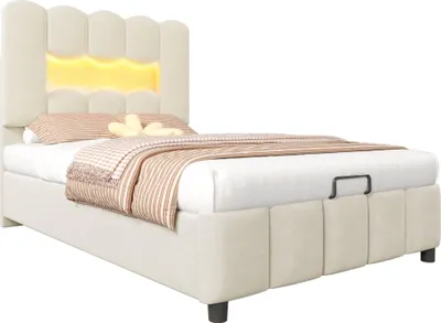 Produktbild von Merax Polsterbett 90x200 cm, Kinderbett mit Hydraulischem Stauraum, LED, Verstellbares Kopfteil, Lattenrost, Samt, Einzelbett, Jugendbett, Beige