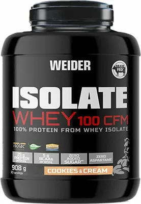 Produktbild von Weider Isolate Whey 100 Cfm Cookies & Cream, Pulver, Molkenprotein isoliert, Cookies & Cream, L-Alanin, L-Arginin, L-Asparaginsäure, L-Cystein, L-Glutaminsäure, L-Glutamin, L-Glycin,..., 26 g, 113 kcal