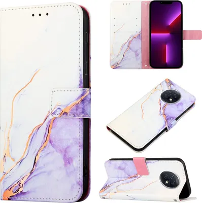 Produktbild von Redmi Note 9T Hülle, Marmor Motiv Kunstleder Tasche Wallet Kartenfächer mit Standfunktion Klapp Schutzhülle für Xiaomi Redmi Note 9T Weiß Lila