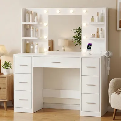 Produktbild von JUMMICO Große Schminktisch mit Verstellbaren LED-Beleuchtung und Steckdosen, Schminktisch mit Spiegel und 7 Schubladen, Fashionabler Frisiertisch