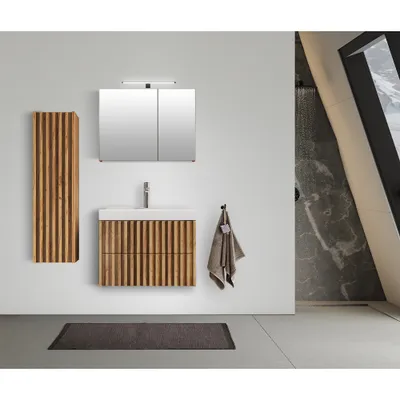 Produktbild von Badmöbel Set 3-teilig 80 cm Waschtisch, LED Spiegelschrank Eiche Desio-107
