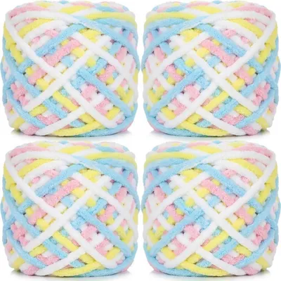 Obrázek produktu pro Chenilleová příze, 95 g x 4 | Tloušťka: 7 mm | Barvy: růžová, žlutá, modrá | Materiál: polyester | Měkká, chlupatá