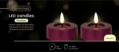 Produktbild von LED Teelichter 6,5x5cm mit Timer Outdoor 2 Stück Beerenlila / Warmweiß