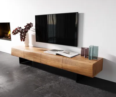 Produktbild von DELIFE Lowboard New Live-Edge 200 cm Akazie Natur 4 Türen Fuß schwebend Metall Schwarz