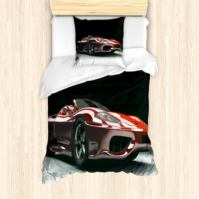 Produktbild von ABAKUHAUS Autos Mantele, Automobilindustrie Theme, Milbensicher Allergiker geeignet mit Kissenbezügen, 135 cm x 200 cm - 80 x 80 cm, Rot Schwarz Weiß