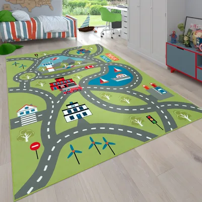 Produktbild von Kinder-Teppich Für Kinderzimmer, Spiel-Teppich Mit Straßen-Motiv, In Grün Grösse 240x340 cm