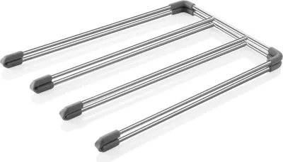 A product shot of a metal baking sheet rack with gray rubber tips.