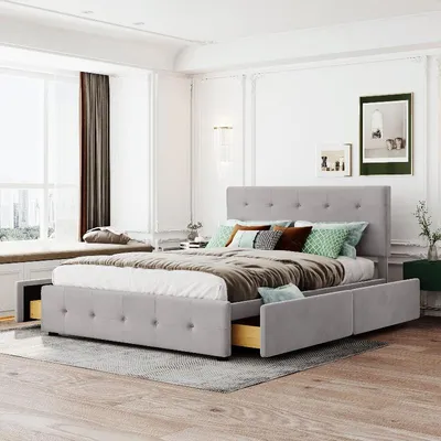 Productafbeelding van Boxspringbed 140x200 cm in grijs, met 4 lades, bedframe met lattenbodem en een rugleuning van fluweelstof, geschikt voor de slaapkamer