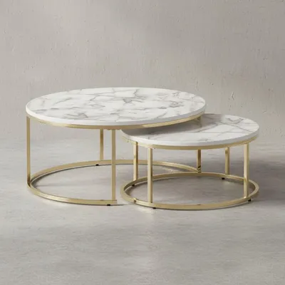 Couchtisch-Set mit Marmor-Optik_ Eichenholz_ Metallgestell_ 80x80x36 cm & 60x60x26 cm_ ineinanderschiebbar - KADIMA DESIGN_Farbe_ Gold_ Größe_ 80x80x36 cm_#sku_BARWL6.508#