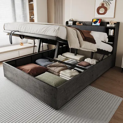 Produktbild von Merax Hydraulisches Doppelbett 180x200cm mit Stauraum, Holzbett mit USB & Type-C Anschluss, Kopfteil mit Ablagefächern,Polsterbett mit Lattenrost,Grau