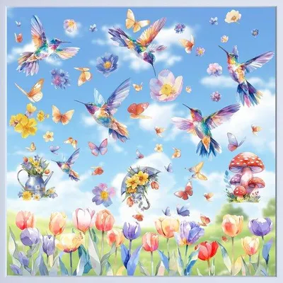 Image de Autocollants de fenêtre de Carême, 9 feuilles, décor d'oiseaux et de fleurs