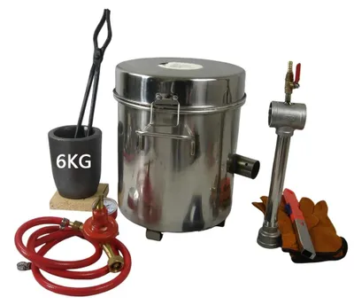 Obrázek produktu pro Plynový tavicí pec – model F1, tavicí pec – kapacita 6 kg, teplota 1300 °C, tlak 30 PSI, nerezová ocel, palivo: butan/propan/kapalný plyn – pro odlévání
