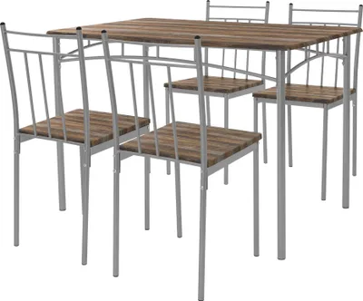A dining table with four chairs, presented against a white background.