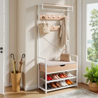 Produktbild von Garderobenständer mit Sitzbank und Schuhregal, 10 Haken, Kleiderständer, 2 Ablagen, Flurgarderobe, 80x30x180cm, Weiß