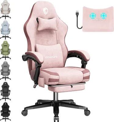 Obrázek produktu pro Douxlife GC-RC05 Gaming Chair Fabric Office Computer Chair s masáží, opěrkou nohou a bederní opěrkou, ergonomická, kovové nohy, nosnost 158 kg - růžová