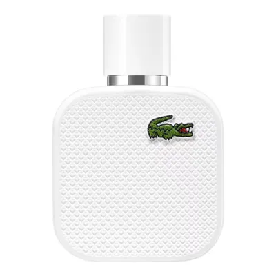 A white bottle of Lacoste L.12.12 Blanc Men Eau De Toilette Spray.