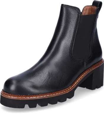 A single black Chelsea boot is shown against a white background.