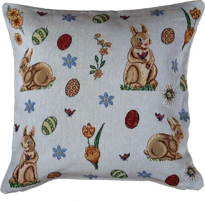 Produktbild von heimtexland ® Gobelin Dekokissen Ostern Deko Kissen Bezug mit Baumwolle Osterdeko natur Kissenbezug Landhaus Sofakissen Typ884 Kissenhülle 40x40 cm Hasen Ostereier