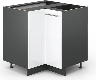 A corner kitchen cabinet with two doors.