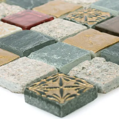 Produktbild von Mosaikfliesen Glas Naturstein Mix Sulluna Gold Grau