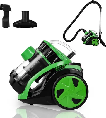 A vacuum cleaner and its accessories are displayed against a white background.