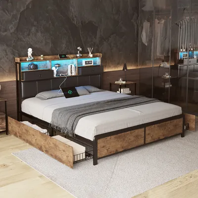 A modern bedroom with a metal double bed featuring LED lighting and storage drawers.