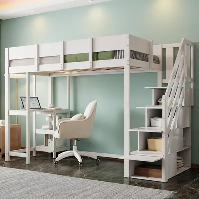 Image de Flieks Lit superposé 90x200cm avec bureau et étagère, Lit superposé pour enfants avec escalier et tiroirs, Lit en bois simple Lit superposé, Blanc