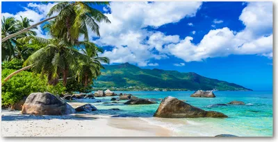 Produktbild von Tulup® Glas-Bild - 100x50 -Wandkunst - Wandbild hinter gehärtetem Sicherheitsglas  - Landschaften - Seychellen Strand - Mehrfarbig