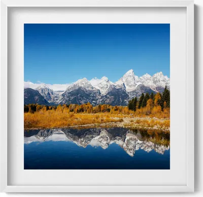 Produktbild von Bergsee und Herbstbäume– Wandbild mit Rahmen – Gerahmtes Bild  – Wanddekoration – 50x50 cm –  Weiß Rahmen