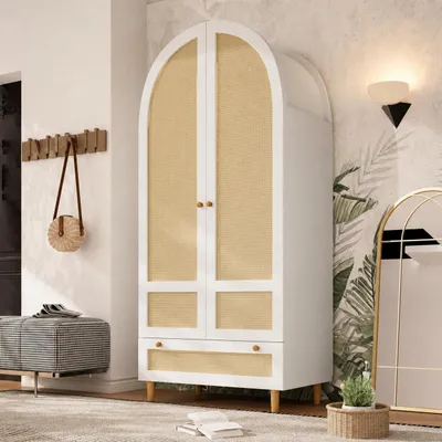 Produktbild von Flieks Rattan Eckkleiderschrank mit Kleiderstange, Kleiderschrank 2 Türig, Gaderobe Gaderobenschrank mit Schublade, 80x50x180 cm, Weiß