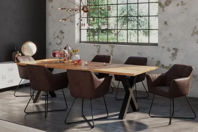 Produktbild von Baumkanten Essgruppe Mangoholz massiv 200 X-Gestell schwarz 7tlg. DORA
