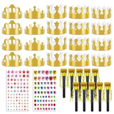 Productafbeelding van Papiertjeskronen en fluitjes set voor kinderfeestjes, 20 gouden kroontjes, 10 fluitjes, knutselset