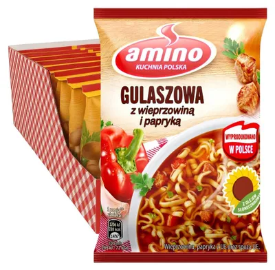 Produktbild von Amino Gulaschsuppe mit Nudeln 22x 59g - polnische Instant Suppe Schweinefleisch
