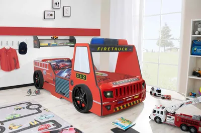 Produktbild von Autobett Kinder 90x200 cm Feuerwehrbett "Rio Firetruck" mit Wandregal und Bettwäsche