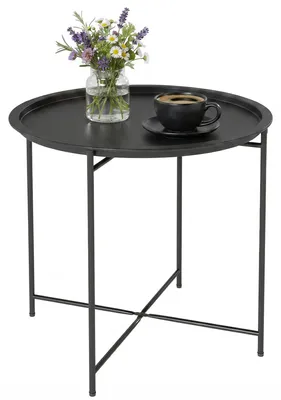 Produktbild von Runder Beistelltisch - Gartentisch für den Außenbereich - Abnehmbares Tablett - Metallgestell - Moderner Stil - 46 x 46 x 50 cm - Schwarz