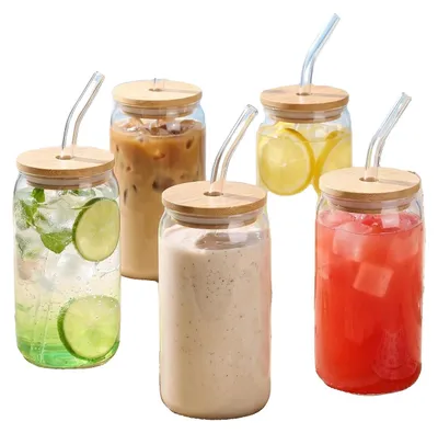 Image de Verres en verre, couvercles en bambou, brosse de nettoyage inclus, ensemble de 6 pièces, capacité de 401 à 500 ml