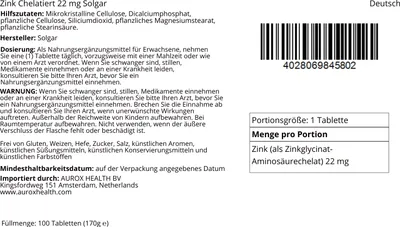 Produktbild von Zink Chelatiert 22 mg 100 Tabletten Solgar