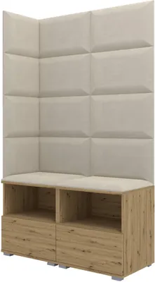 Produktbild von Garderoben-Set Nela V, Polstergarderobe mit zwei Schuhschränke, Flurmöbel mit Wandpaneele (Farbe: Artisan Eiche + Trinity 01 (Creme))