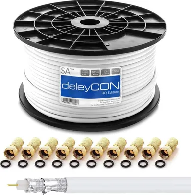 Produktbild von deleyCON HQ 100m Sat Koaxial Kabel 130dB - 4-Fach geschirmt für DVB-S - S2 DVB-T und DVB-C - Stahl/Kupfer Innenleiter - 4K 1080p Full HD HDTV - inkl. 10x vergoldete F-Stecker
