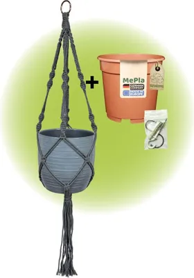 Produktbild von MePla - Set - Ampel Makramee Grau - Bergamo ø19 Hellgrau + Kulturtopf ø18 + Beipack-Set 21550-001